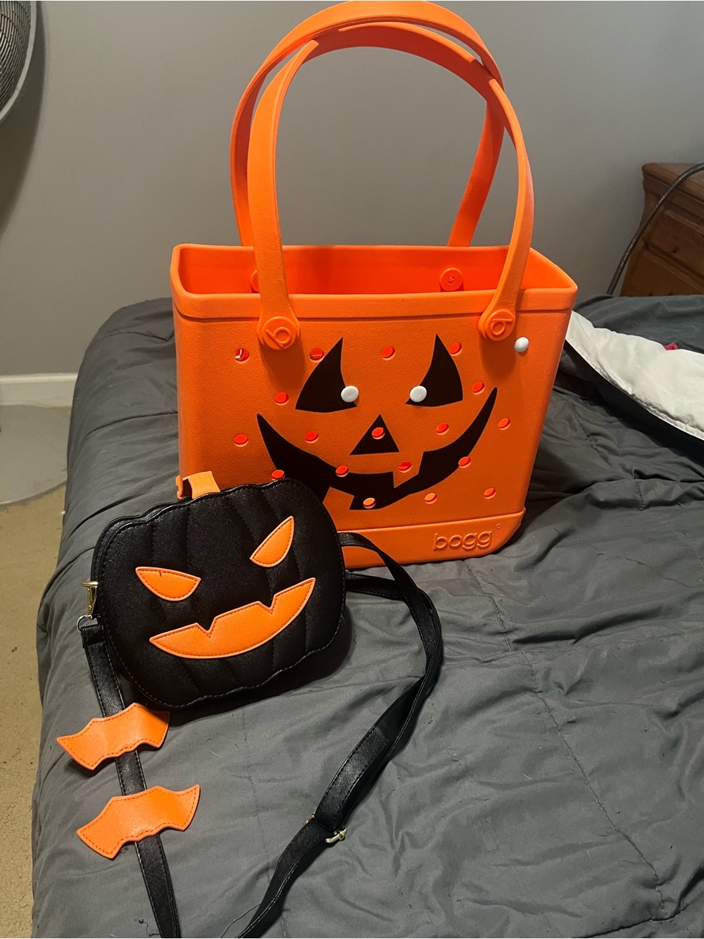 2 bags - Orange Pumpkin Bogg Bag with Black Jack O'Lantern Face and small purse
